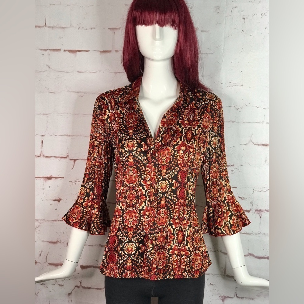 ESSENTIALS By MILANO Pleated S 3/4 Bell Sleeve Rust Cream Black Print Blouse